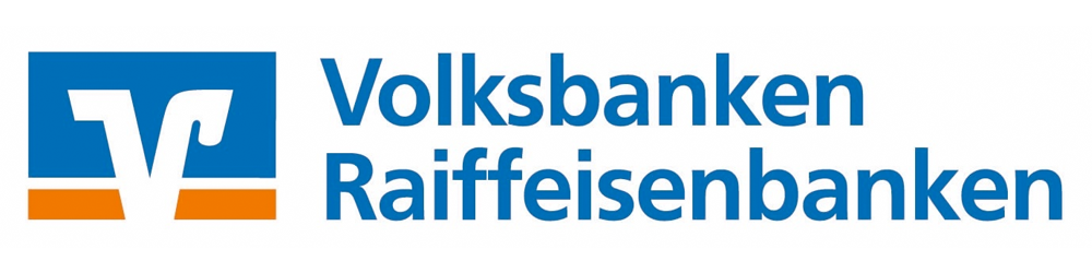 Logo der Volksbanken Raiffeisenbanken mit einem wei\xDFen V vor blau-orangem Hintergrund